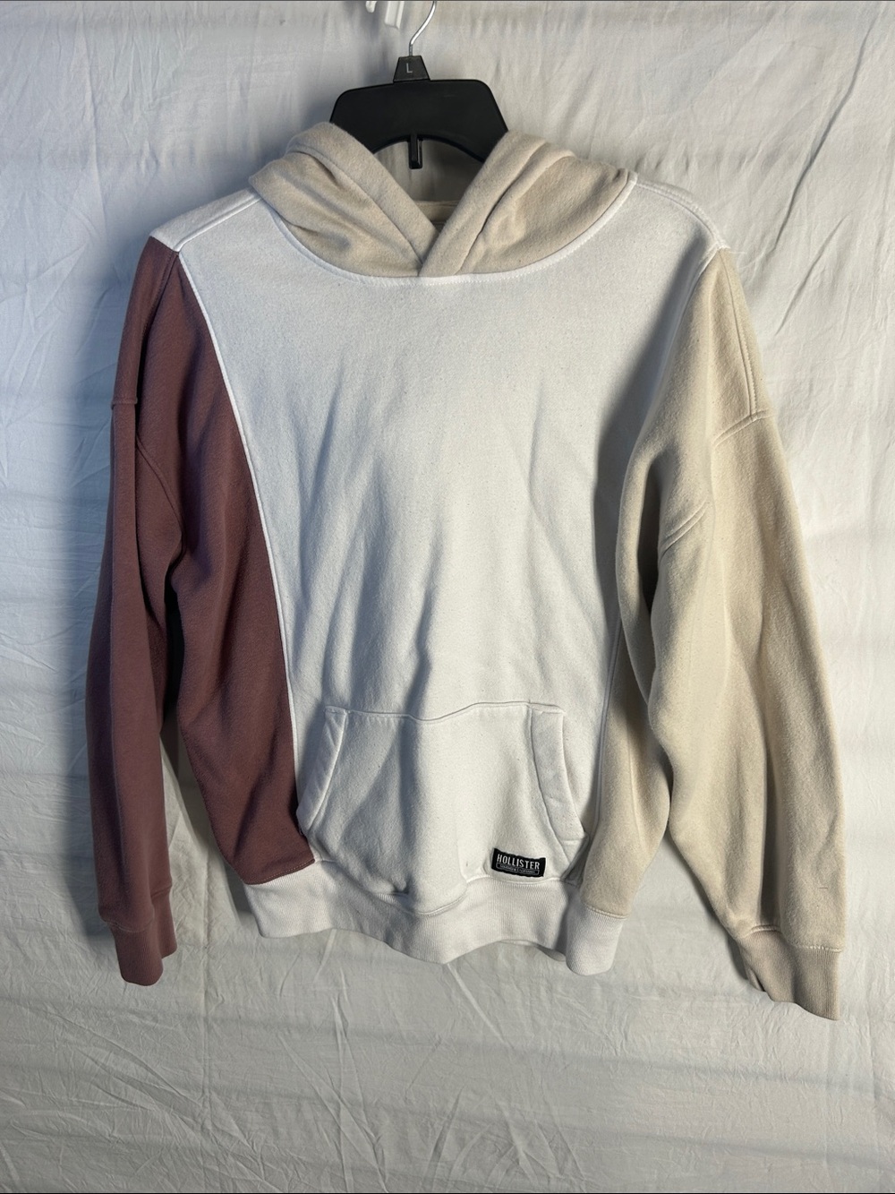 Hollister White Hoodie with Mauve Left Sleeve and Beige Right Sleeve